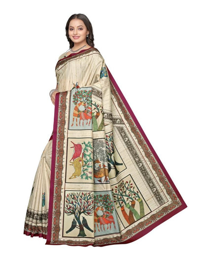 Cream Coloured Art Silk Digital Printed Casual saree | Sudathi