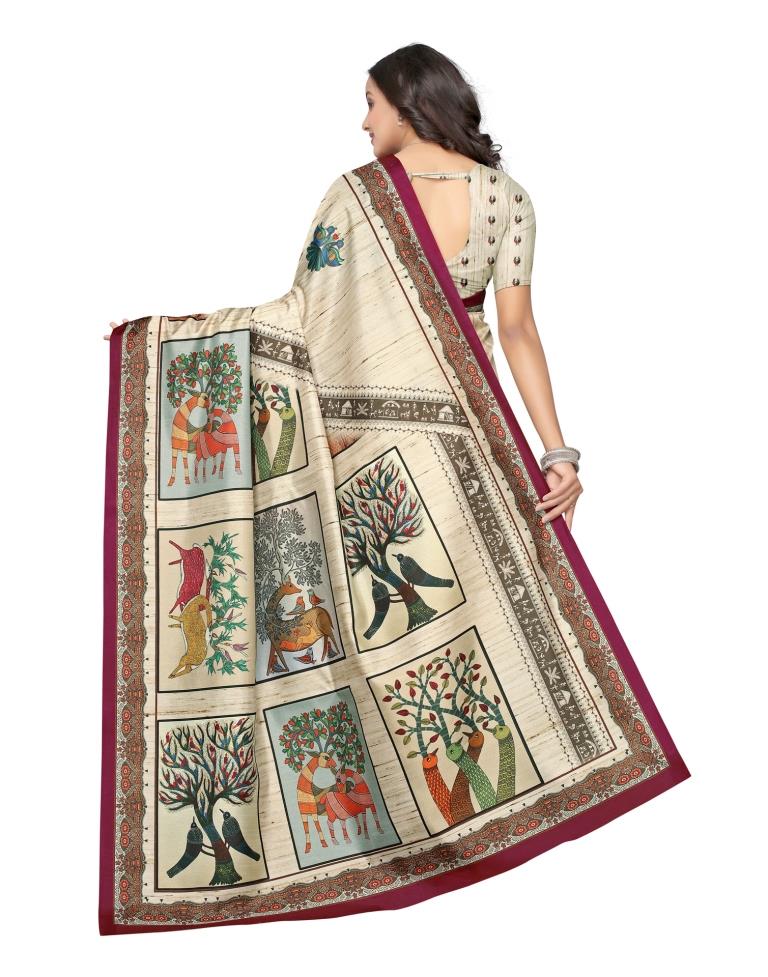 Cream Coloured Art Silk Digital Printed Casual saree | Sudathi