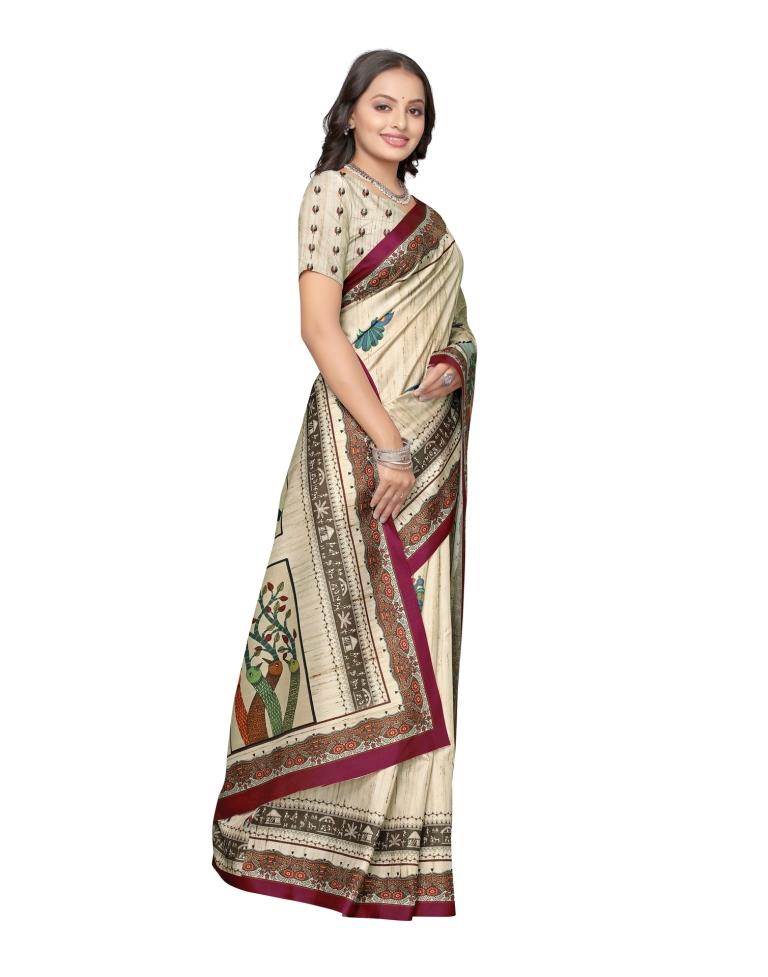 Cream Coloured Art Silk Digital Printed Casual saree | Sudathi