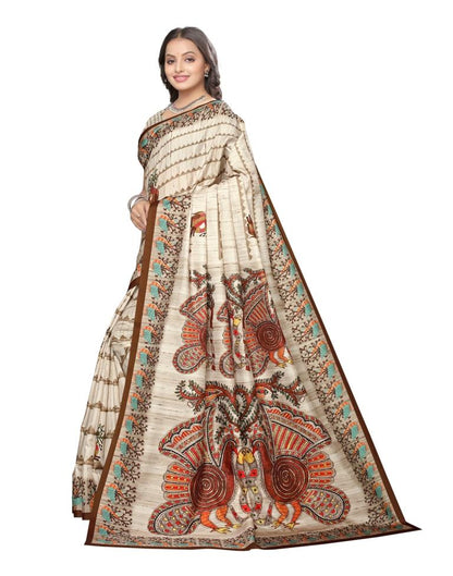 Ivory White Coloured Art Silk Digital Printed Partywear saree | Leemboodi