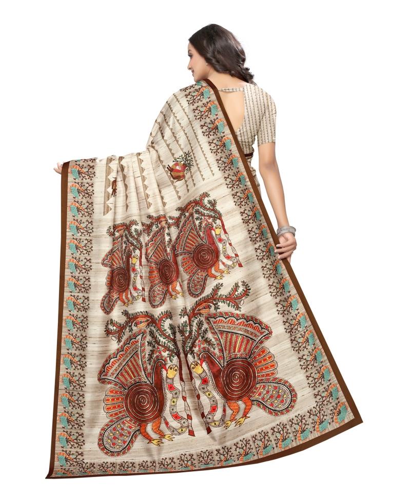 Ivory White Coloured Art Silk Digital Printed Partywear saree | Leemboodi