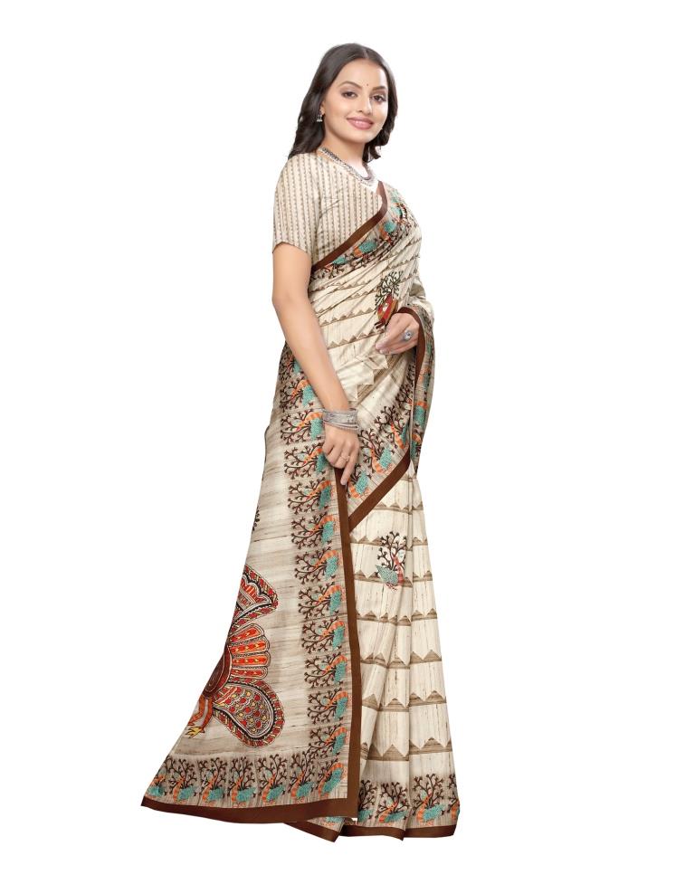 Ivory White Coloured Art Silk Digital Printed Partywear saree | Leemboodi