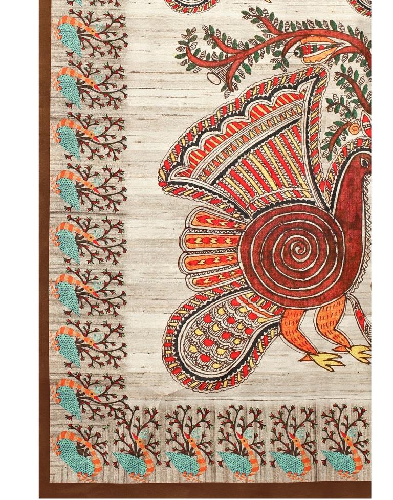 Ivory White Coloured Art Silk Digital Printed Partywear saree | Leemboodi