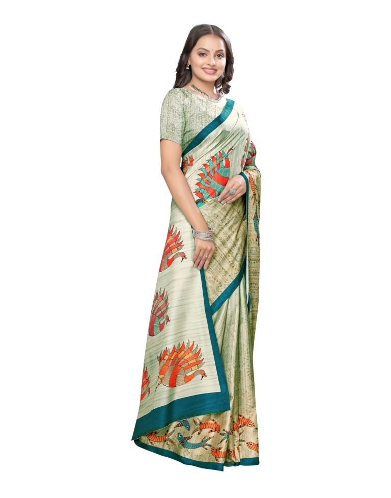 Mint Green Coloured Art Silk Digital Printed Partywear saree | Leemboodi