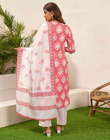 Punch Pink Printed Rayon Straight Kurta With Pant And Dupatta