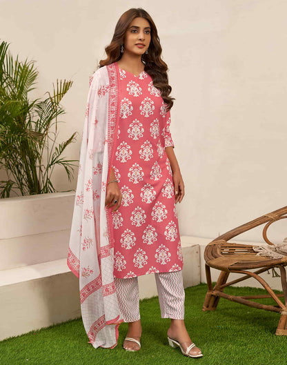 Punch Pink Printed Rayon Straight Kurta With Pant And Dupatta