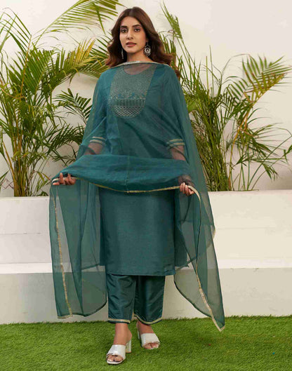 Teal Green Embroidery Silk Straight Kurta Set With Dupatta