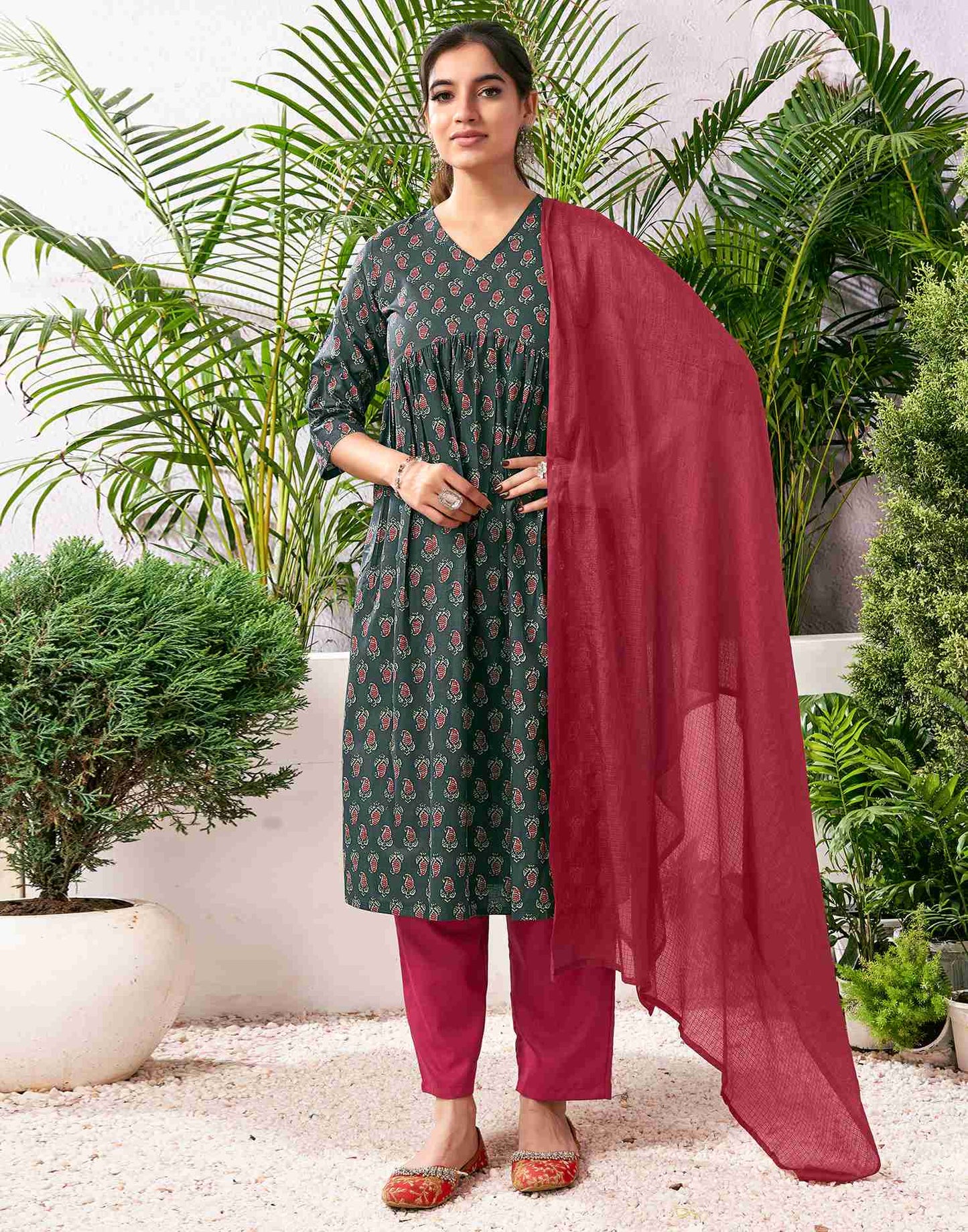 Bottle Green Cotton Printed A-Line Kurta Set With Dupatta