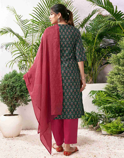 Bottle Green Cotton Printed A-Line Kurta Set With Dupatta