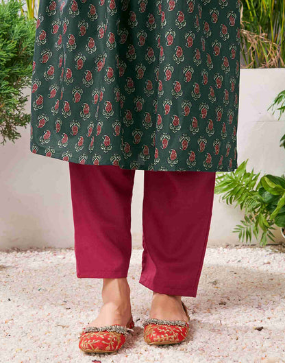 Bottle Green Cotton Printed A-Line Kurta Set With Dupatta