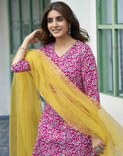 Rama Pink Printed Cotton Straight Kurta With Pant And Dupatta