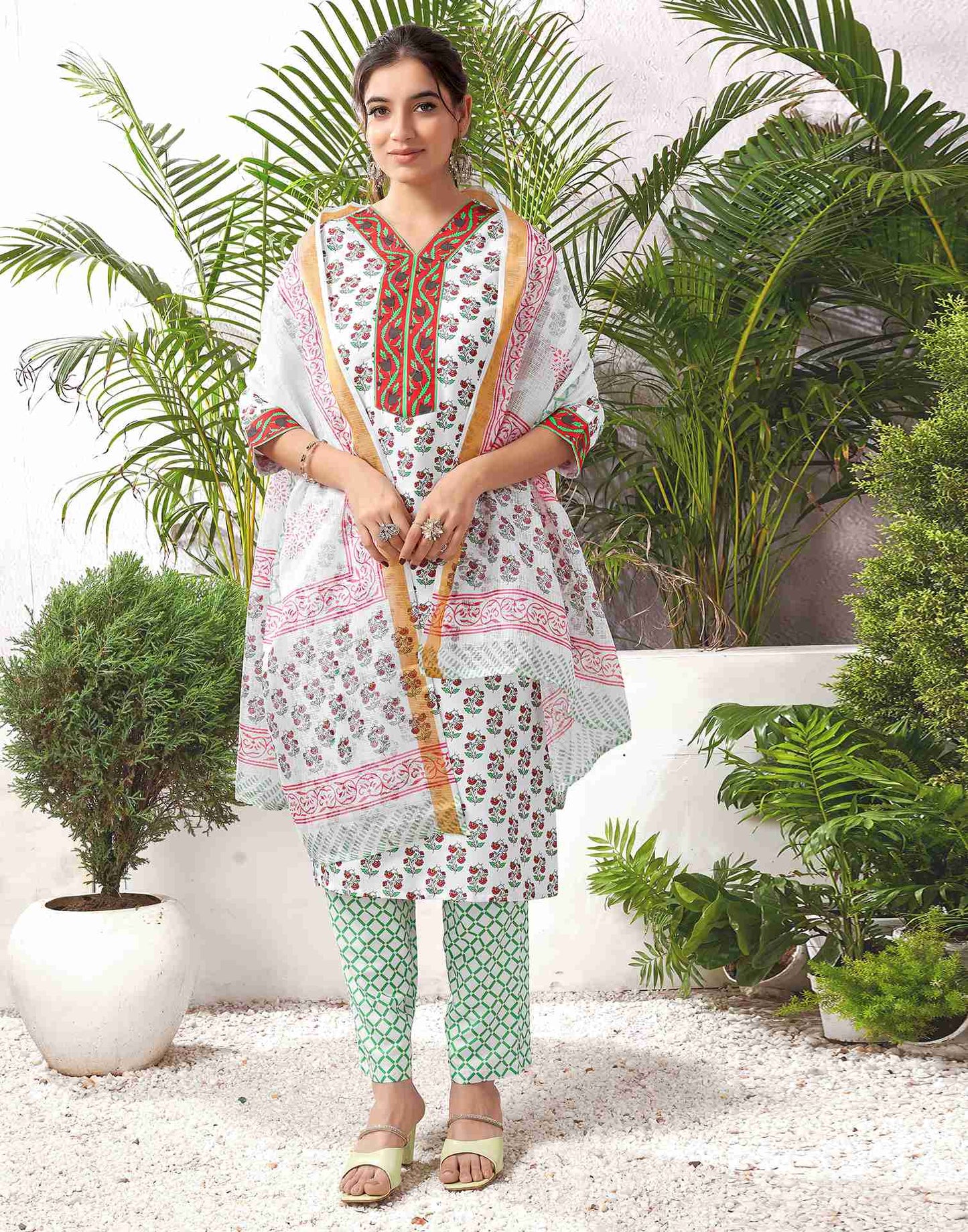 White Rayon Printed Straight Kurta Set With Dupatta