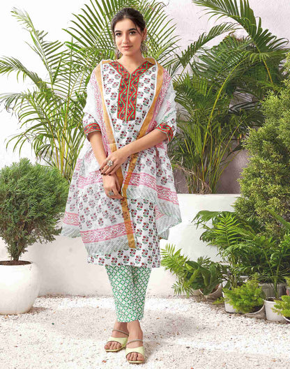 White Rayon Printed Straight Kurta Set With Dupatta