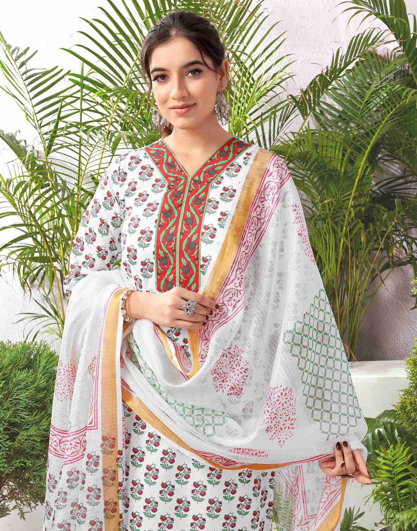 White Rayon Printed Straight Kurta Set With Dupatta