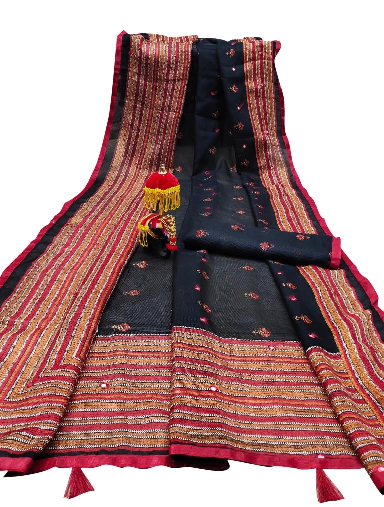 Black Coloured Poly Jute Printed Embellished Partywear saree | Sudathi