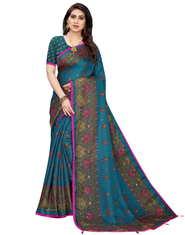 Peacock Blue Coloured Poly Jute Printed Embellished Partywear saree | Sudathi