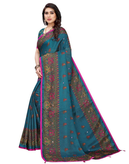 Peacock Blue Coloured Poly Jute Printed Embellished Partywear saree | Sudathi