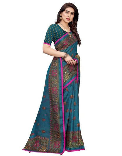 Peacock Blue Coloured Poly Jute Printed Embellished Partywear saree | Sudathi