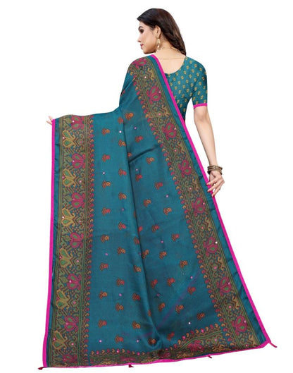 Peacock Blue Coloured Poly Jute Printed Embellished Partywear saree | Sudathi