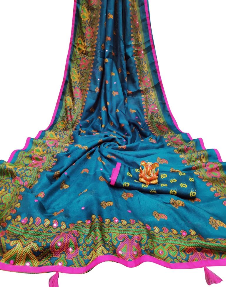 Peacock Blue Coloured Poly Jute Printed Embellished Partywear saree | Sudathi