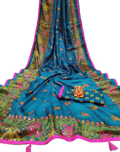 Peacock Blue Coloured Poly Jute Printed Embellished Partywear saree | Sudathi