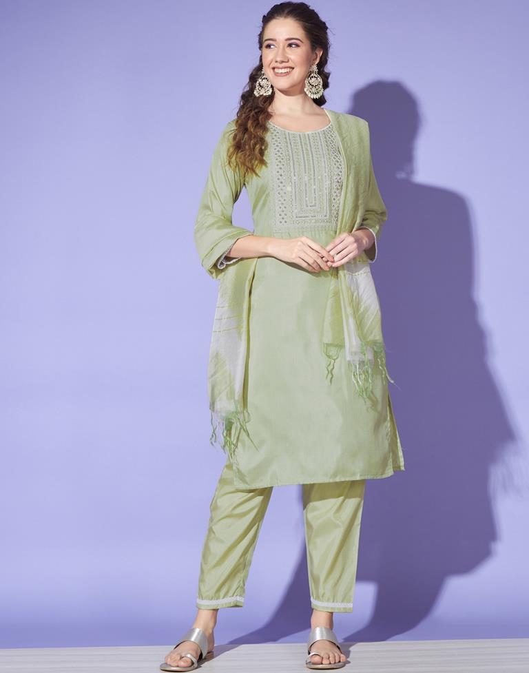 Green Cotton Printed Kurta Set With Dupatta