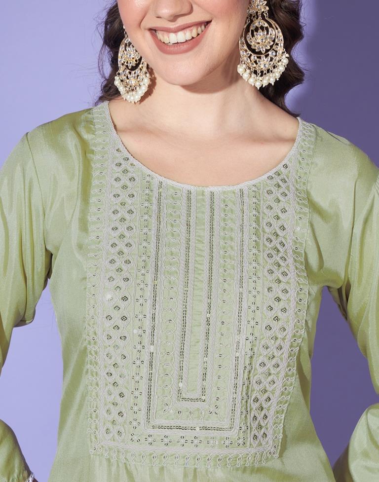 Green Cotton Printed Kurta Set With Dupatta