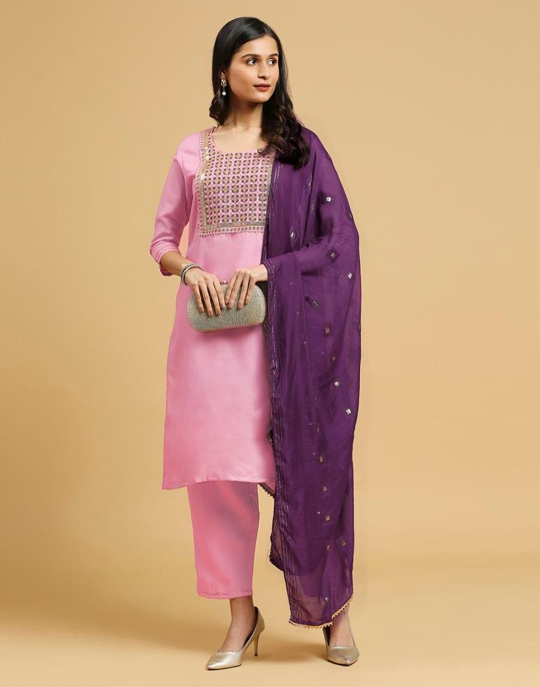 Pink Cotton Printed Kurta Set With Dupatta