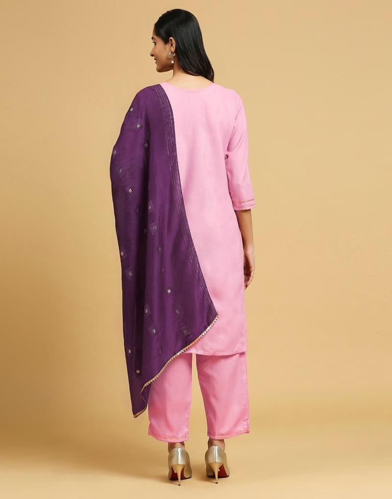 Pink Cotton Printed Kurta Set With Dupatta