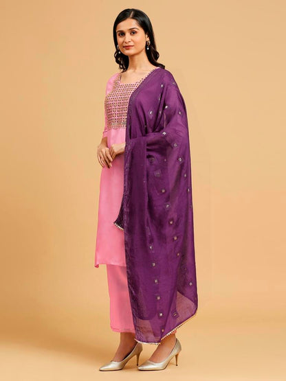 Pink Cotton Printed Kurta Set With Dupatta