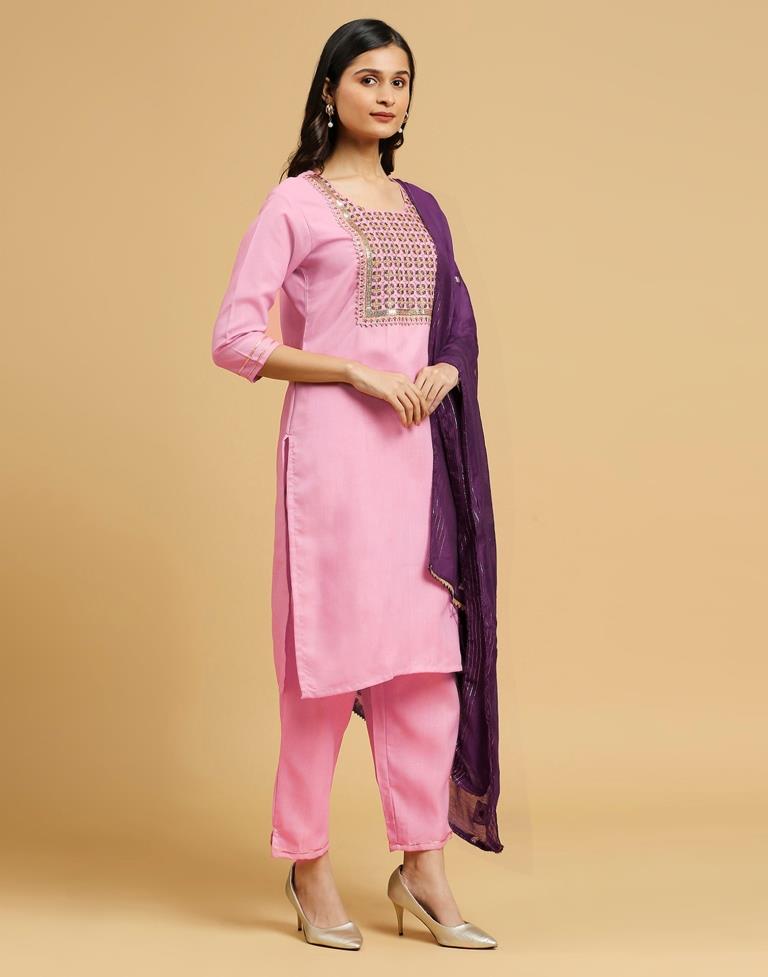 Pink Cotton Printed Kurta Set With Dupatta