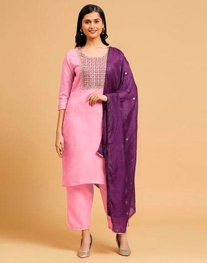 Pink Cotton Printed Kurta Set With Dupatta