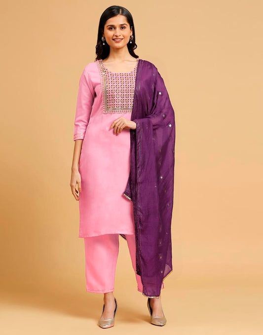 Pink Cotton Printed Kurta Set With Dupatta