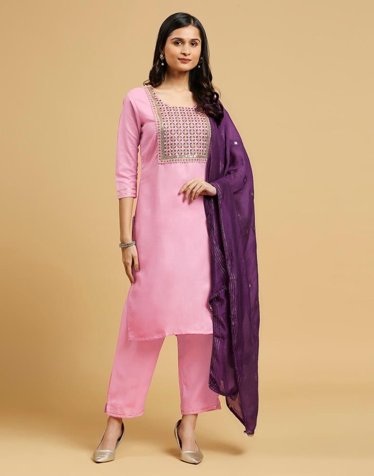 Pink Cotton Printed Kurta Set With Dupatta