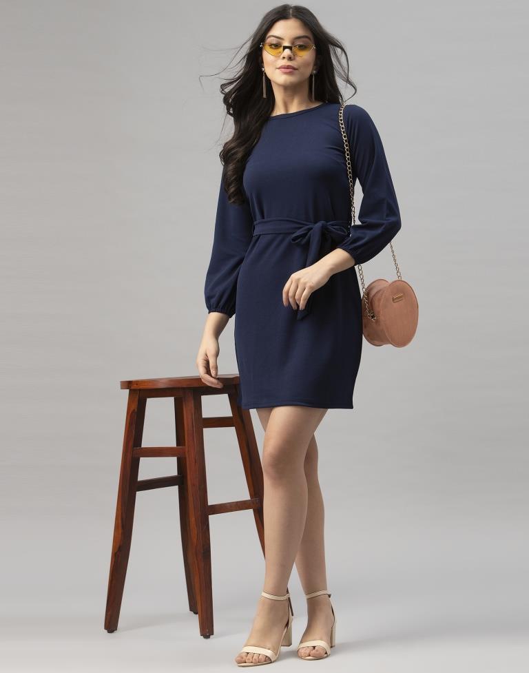 Dreamy Navy Blue Coloured Knitted Lycra Dress | Leemboodi