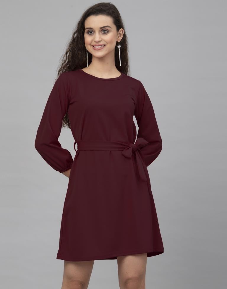 Classic Maroon Coloured Knitted Lycra Dress | Leemboodi