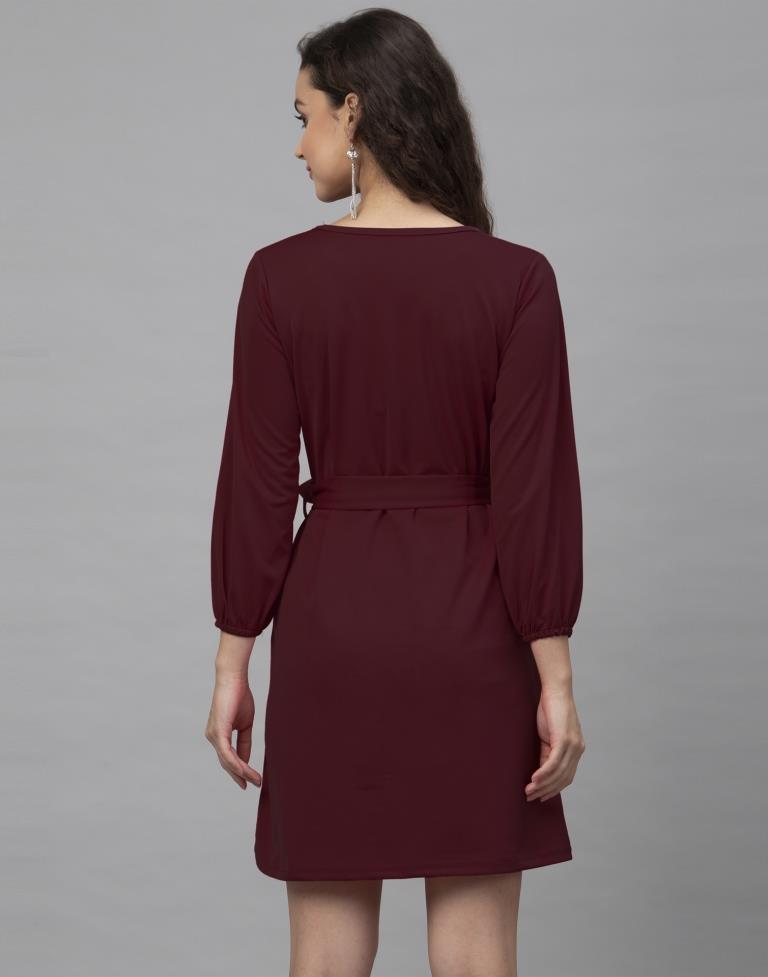 Classic Maroon Coloured Knitted Lycra Dress | Leemboodi