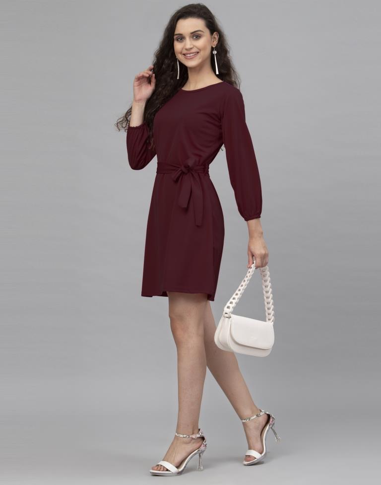 Classic Maroon Coloured Knitted Lycra Dress | Leemboodi