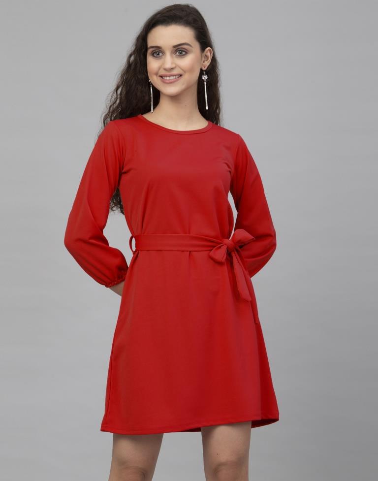 Classy Red Coloured Knitted Lycra Dress | Sudathi