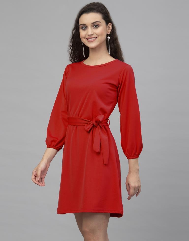 Classy Red Coloured Knitted Lycra Dress | Sudathi