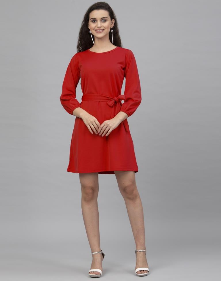 Classy Red Coloured Knitted Lycra Dress | Sudathi