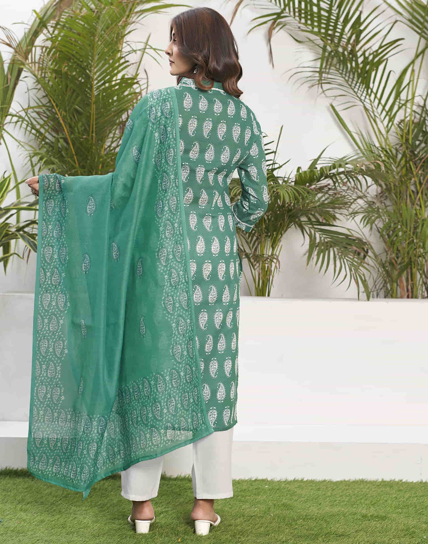 Teal Green Printed Cotton Straight Kurta With Pant And Dupatta