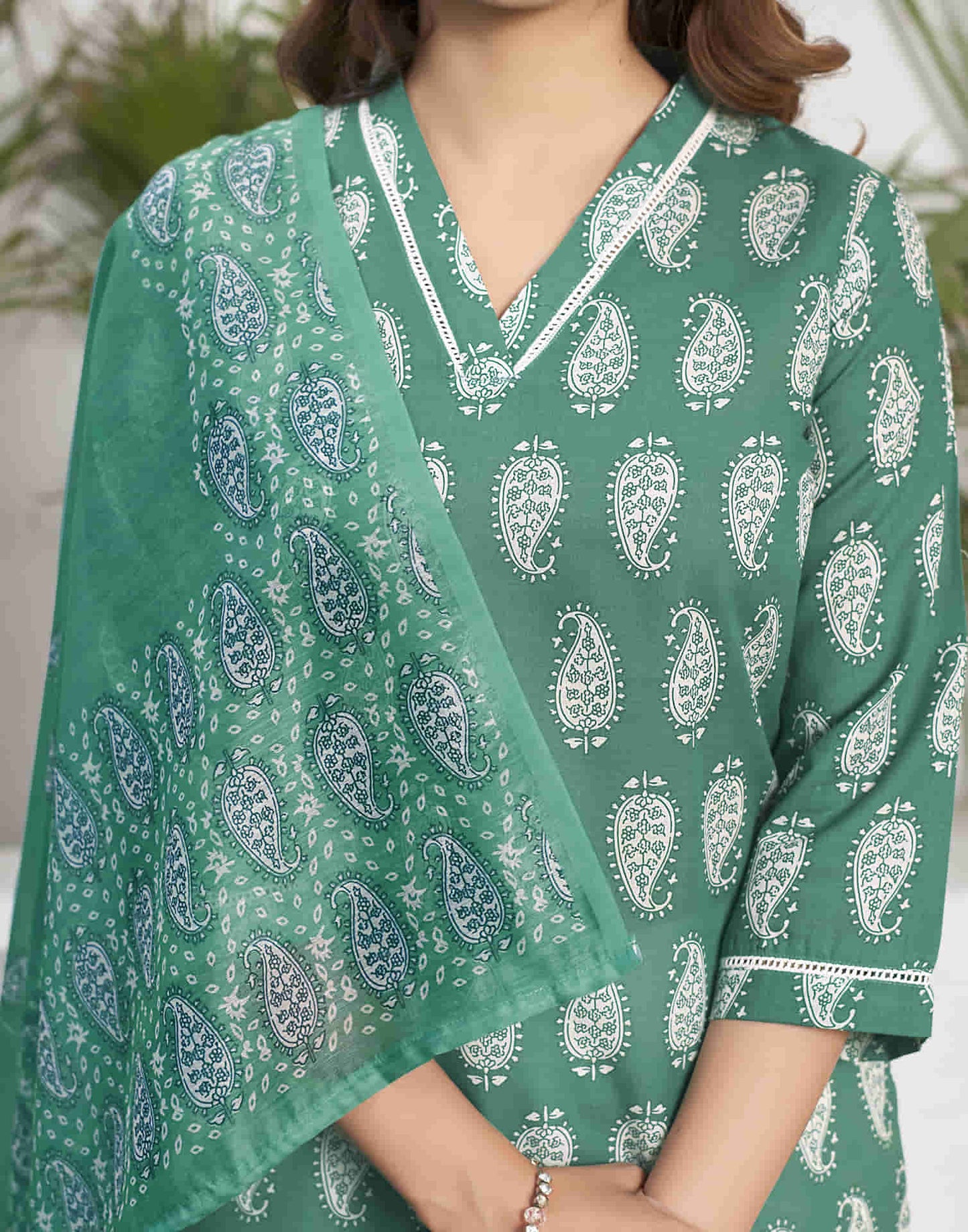 Teal Green Printed Cotton Straight Kurta With Pant And Dupatta