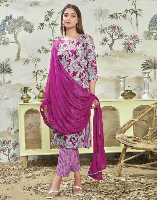 Magenta Printed Rayon Straight Kurta Set With Dupatta