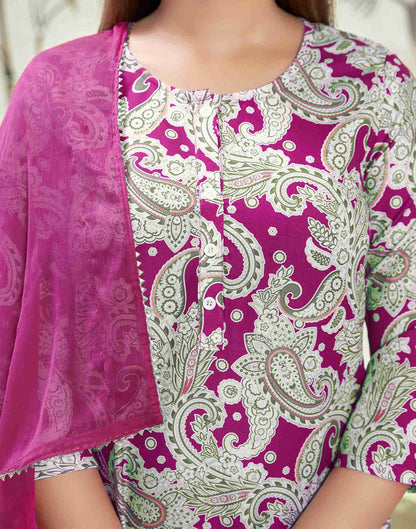 Magenta Printed Rayon Straight Kurta Set With Dupatta