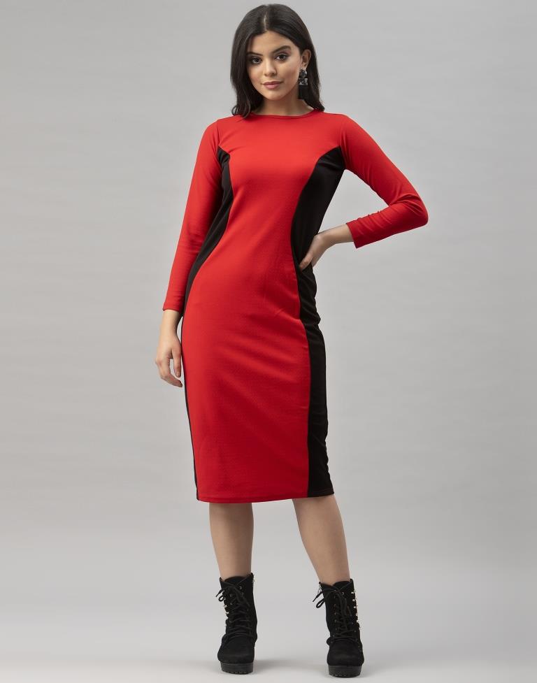 Designer Red Coloured Knitted Lycra Bodycon | Sudathi