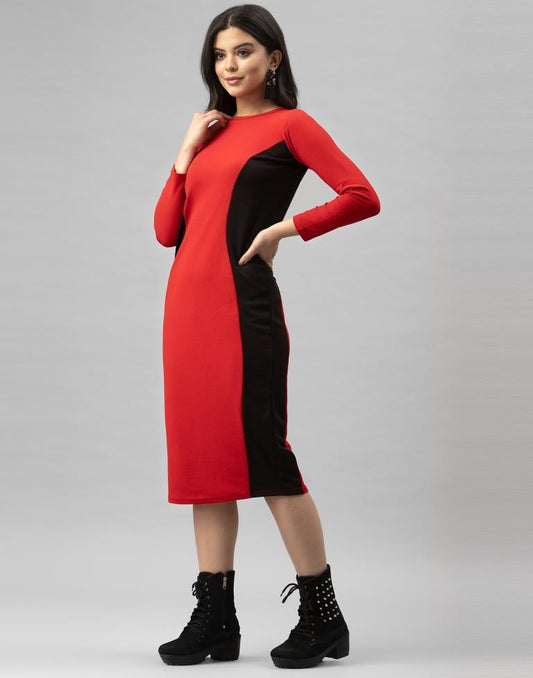 Designer Red Coloured Knitted Lycra Bodycon | Sudathi
