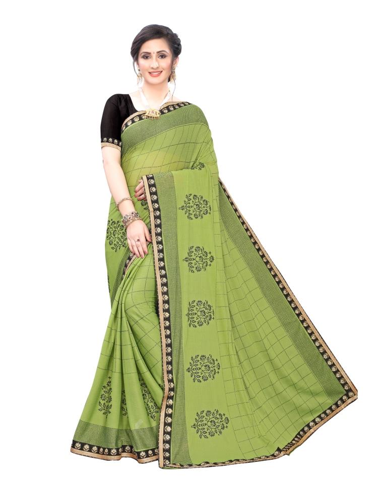 Parrot Green Coloured Lycra Printed Partywear saree | Sudathi
