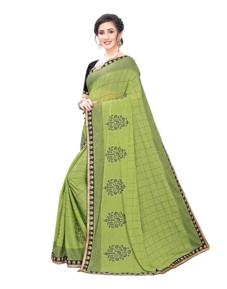 Parrot Green Coloured Lycra Printed Partywear saree | Sudathi
