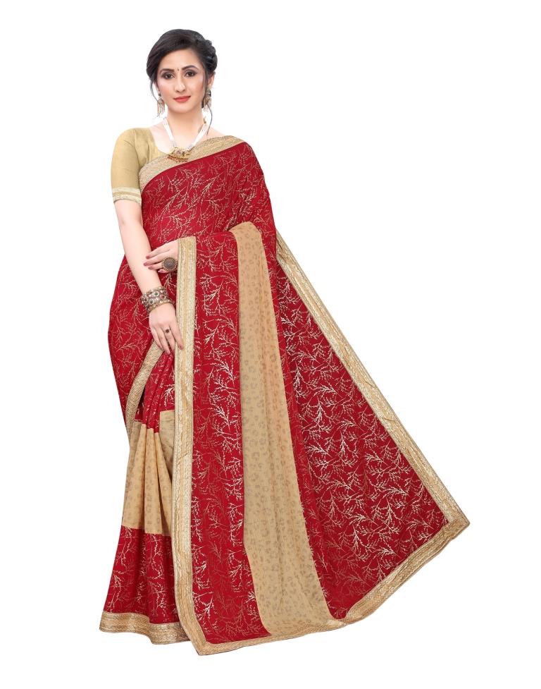 Red Coloured Lycra Printed Laced Partywear saree | Sudathi